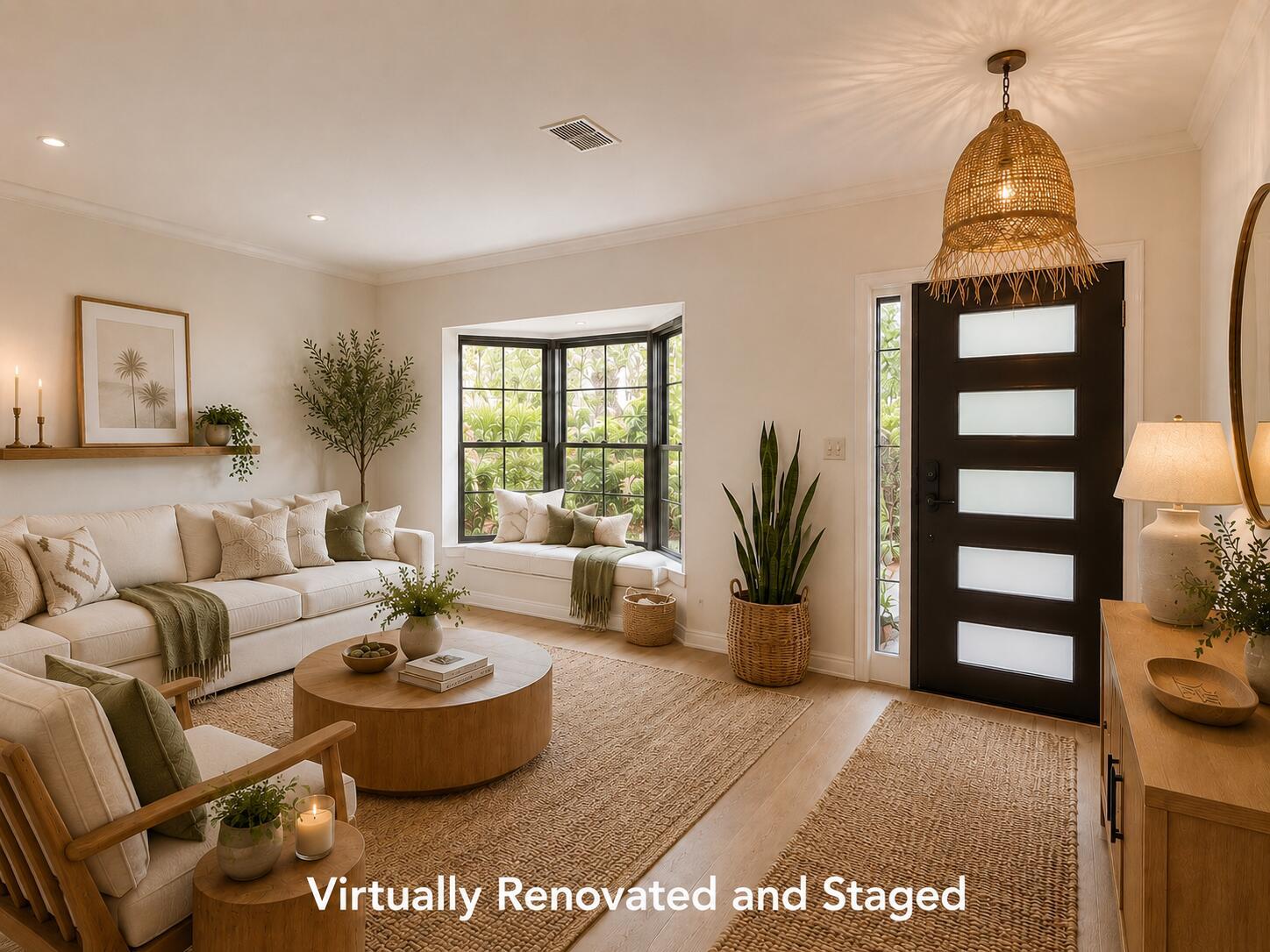 A living room with a bay window, a black front door, and neutral-toned furniture — 1027 Mangrove Lane, Vero Beach FL 32963, VERO BEACH, FL