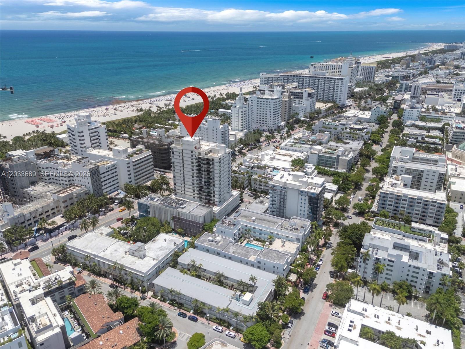 An aerial view shows a high-rise building marked with a pin near the beach — 1800 Collins Ave # 10F, Miami Beach FL 33139, MIAMI BEACH, FL