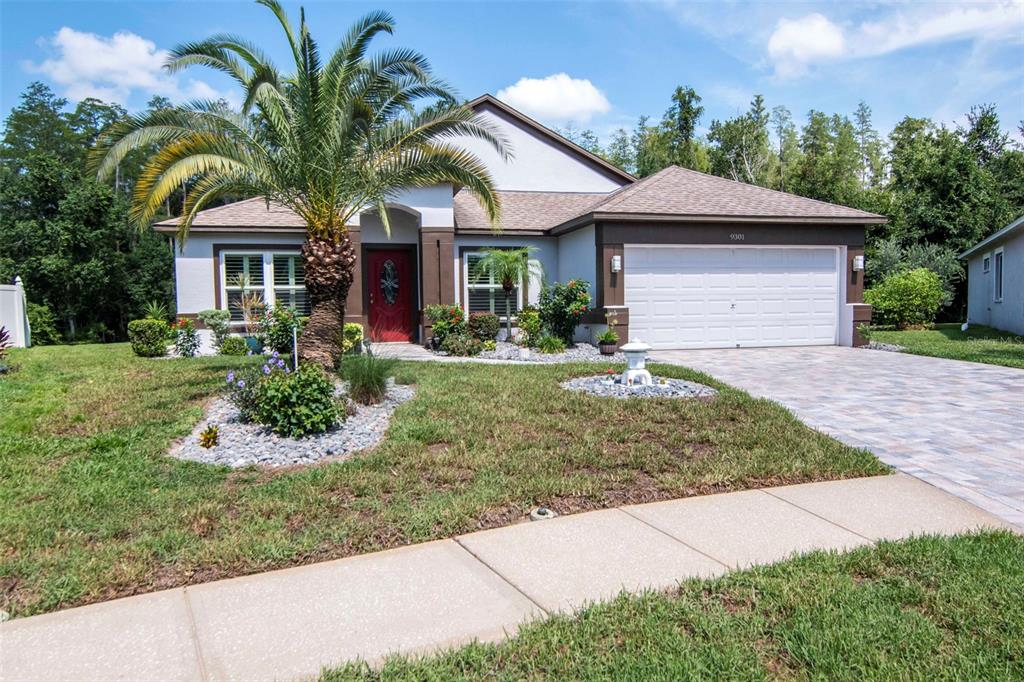 A single-story house with a palm tree, a red front door, and a two-car garage — 9301 BROOKHURST COURT, TAMPA, FL