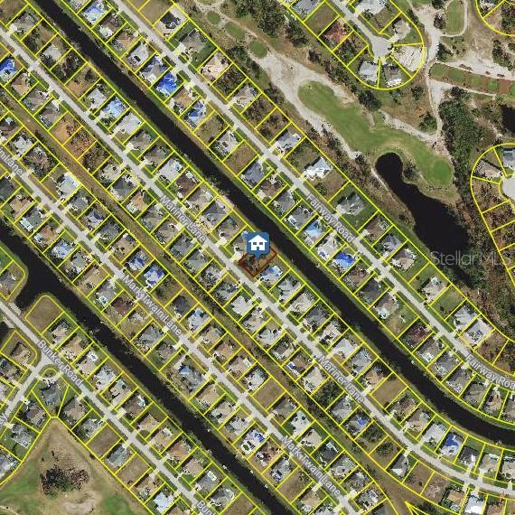 This is an aerial map view of a residential neighborhood with houses along canals — 98 MARINER LANE, ROTONDA WEST, FL