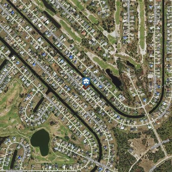 This is an aerial map view of a residential neighborhood with a highlighted property location — 98 MARINER LANE, ROTONDA WEST, FL
