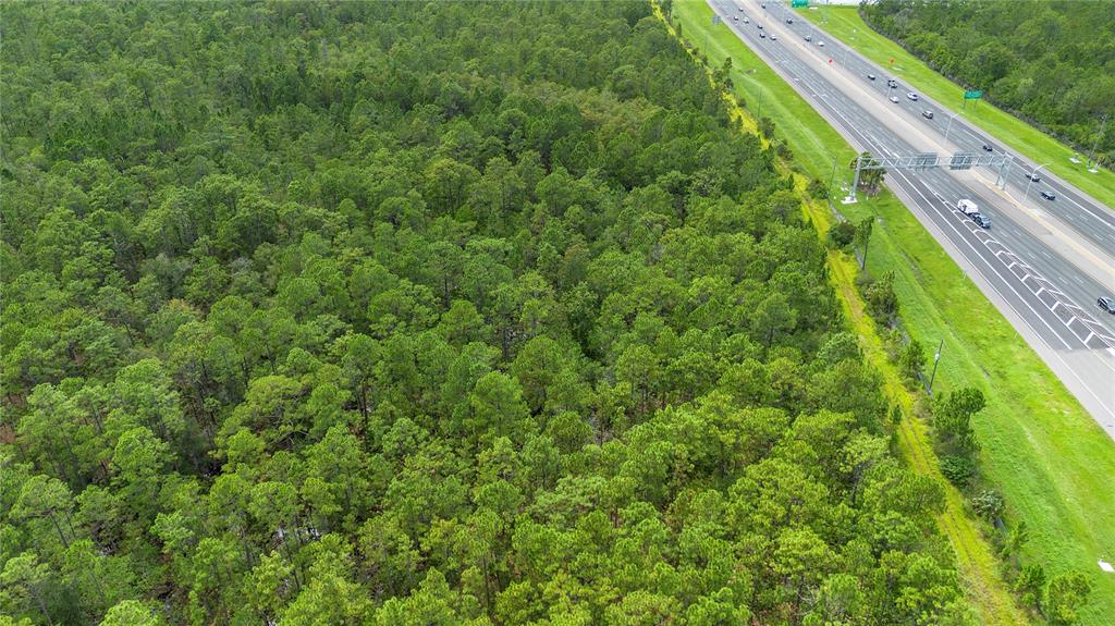 An aerial view shows a dense forest bordering a multi-lane highway — S APOPKA VINELAND ROAD, ORLANDO, FL