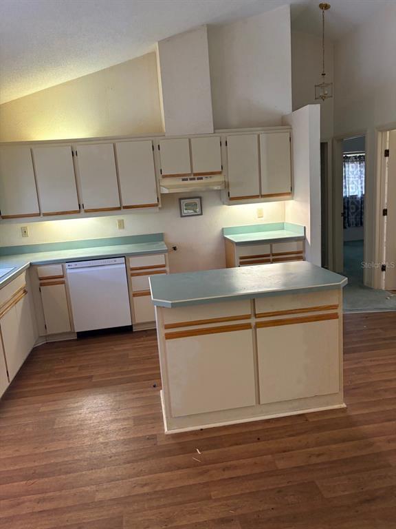A kitchen with white cabinets, teal countertops, a center island, and wood-look flooring — 222 MEADOW LAKE DRIVE, EDGEWATER, FL