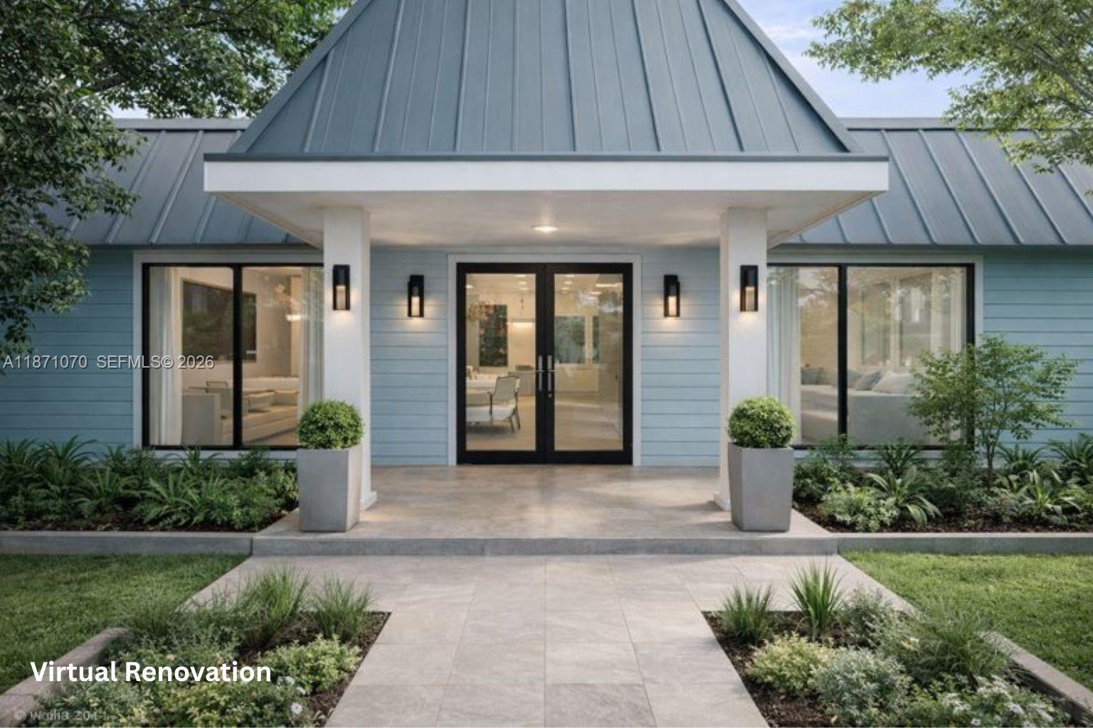 This is a virtual renovation rendering of a house exterior with a blue metal roof — 3260 Lakeview Dr, Pompano Beach FL 33062, POMPANO BEACH, FL