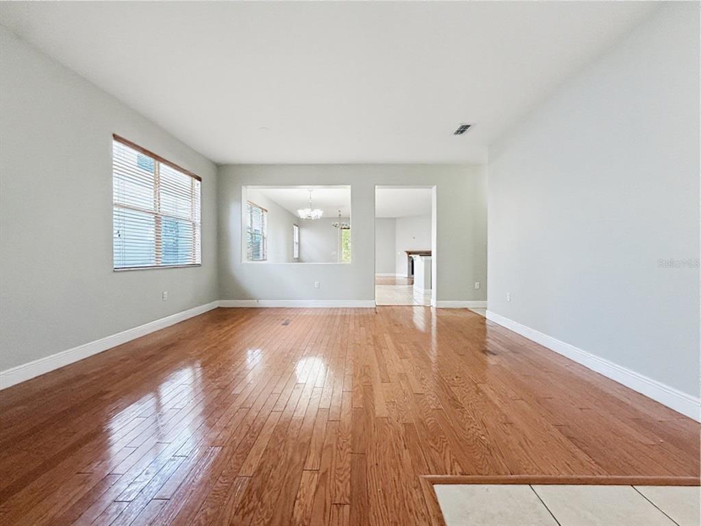 An empty room with hardwood floors, light gray walls, and a large rectangular wall opening — 10250 MALPAS POINT, ORLANDO, FL