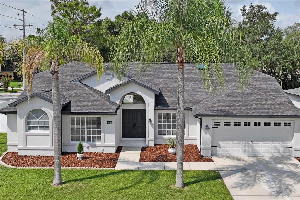 A single-story house with a gray shingled roof, white stucco walls, and two palm trees — 10150 HERMOSILLO, NEW PORT RICHEY, FL