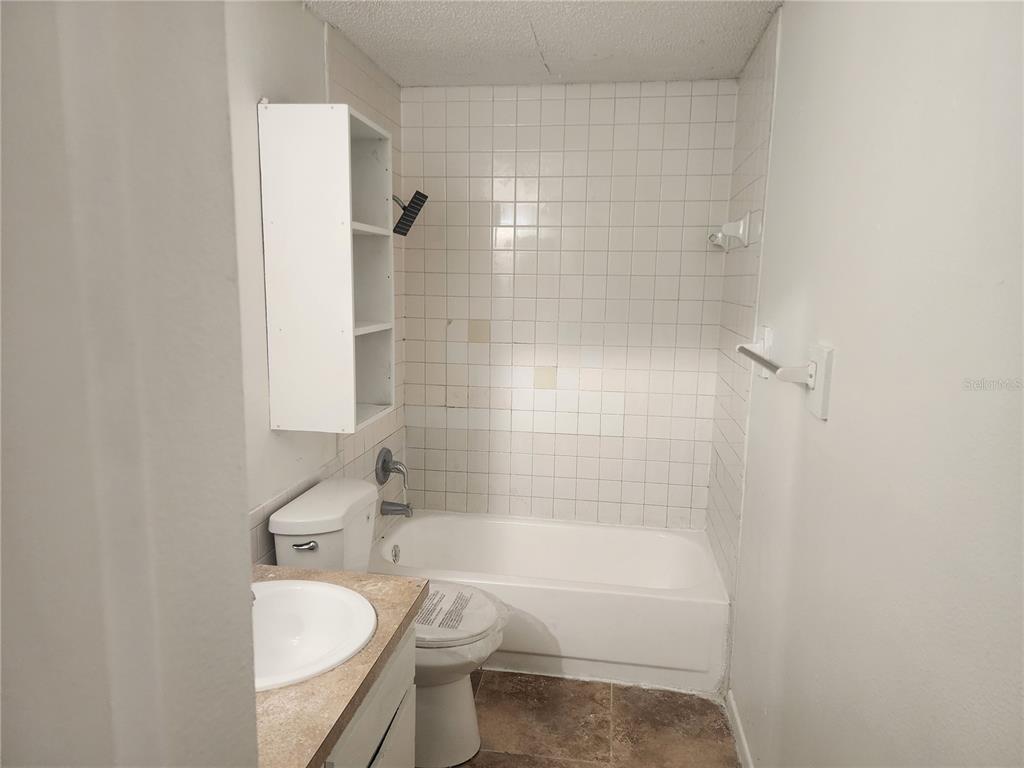 A small bathroom features a vanity, a toilet, and a bathtub with white wall tiles — 10020 N HYACINTH AVENUE, TAMPA, FL