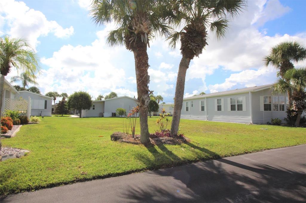 A grassy lot with two palm trees sits between two manufactured homes under a cloudy sky — 2100 KINGS HIGHWAY UNIT 145, PORT CHARLOTTE, FL