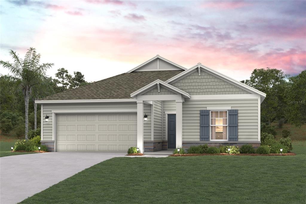 This is a digital rendering of a single-story house with light siding and a garage — 26 PERSEUS AVENUE, FLAGLER BEACH, FL