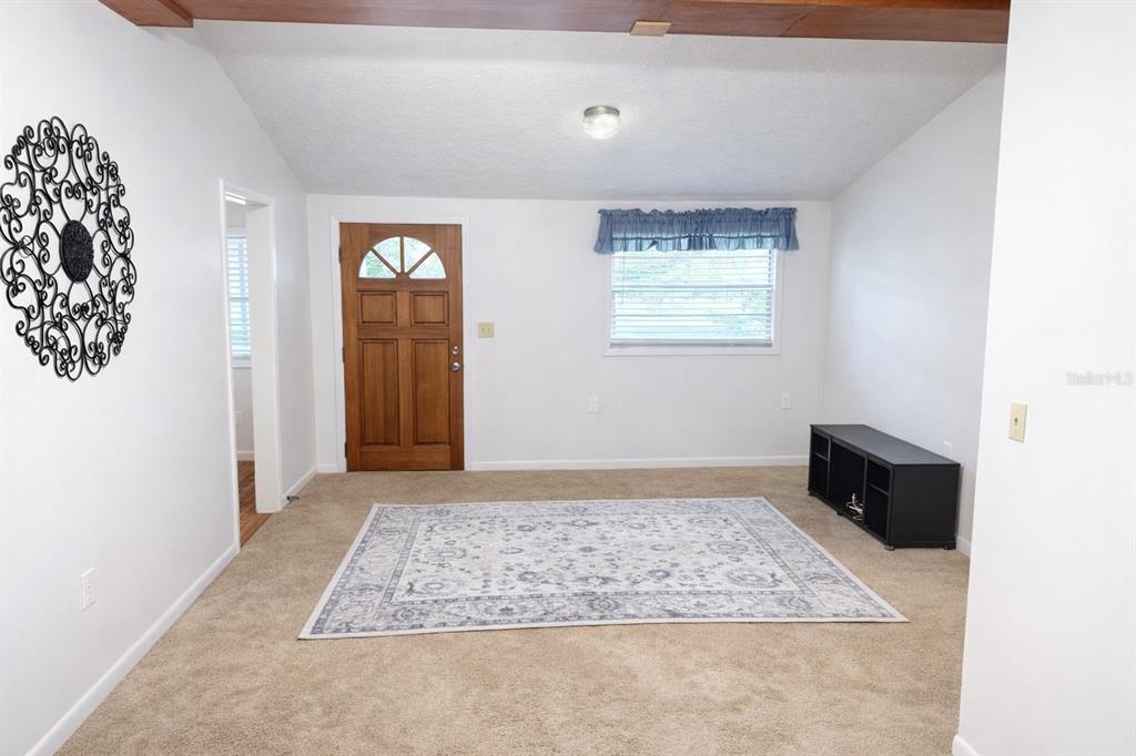 A living room with beige carpet, white walls, a wooden front door, and a rug — 10019 CURLEY ROAD, SAN ANTONIO, FL