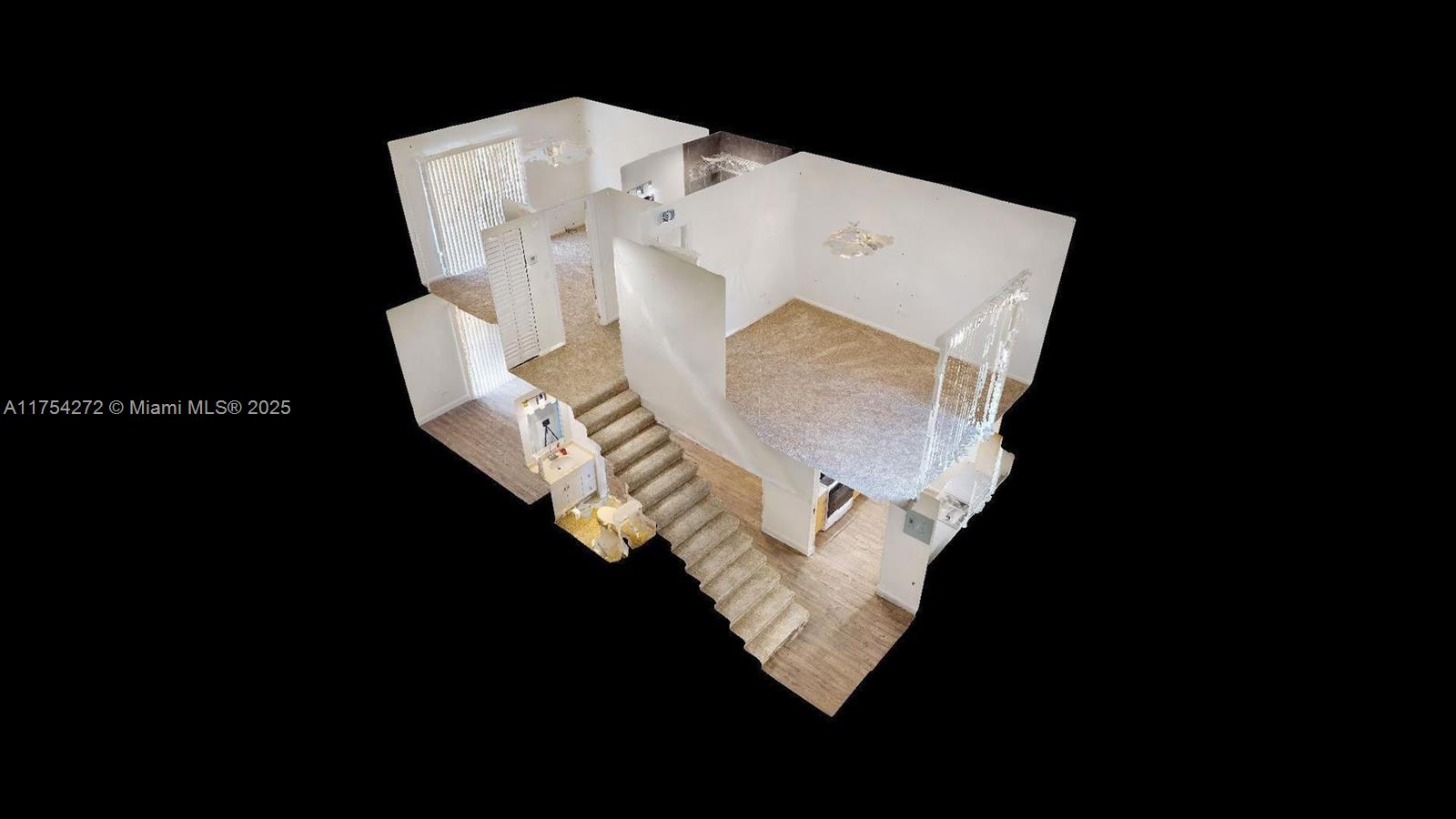 This is a 3D floor plan rendering of a two-story residential unit with carpeted stairs — 300 Ocean Drive # 22, Key Largo FL 33037, KEY LARGO, FL