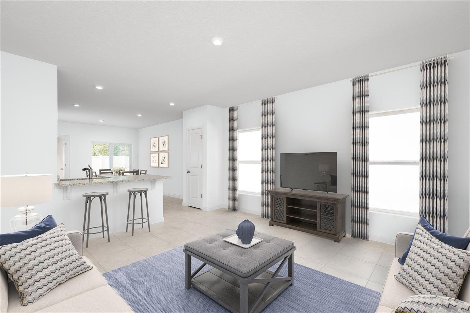This is a digital rendering of a living room and kitchen with tile flooring — FL