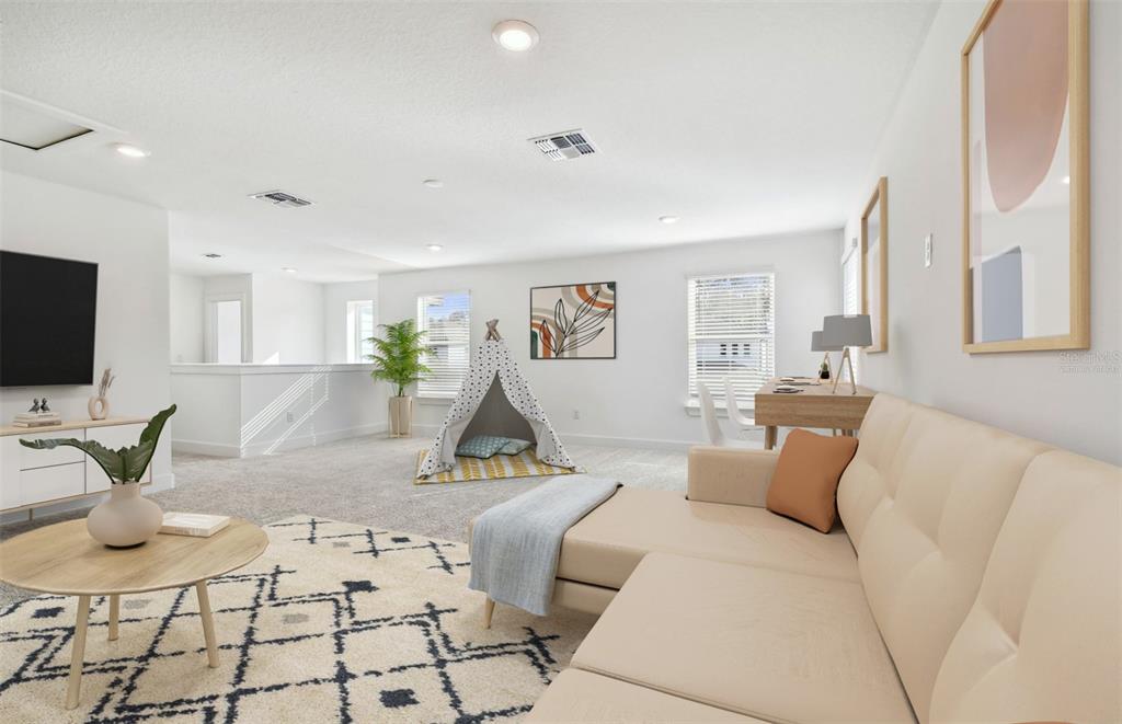 This is a digital rendering of a bright, open-concept living area with neutral-toned furniture — 6718 ASBURY BARNES LANE, WESLEY CHAPEL, FL