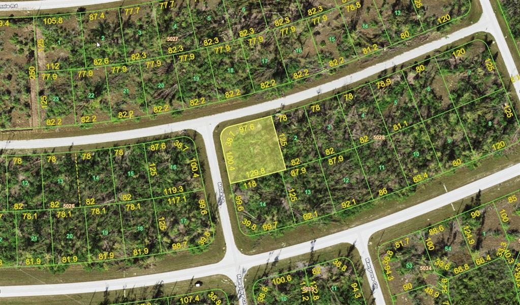 This is an aerial map showing residential land parcels and street layouts — 10468 MONA LANE, PORT CHARLOTTE, FL