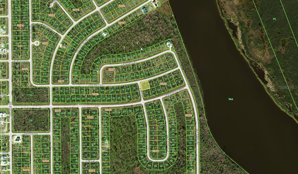 This is an aerial map showing a residential subdivision with platted lots and streets — 10468 MONA LANE, PORT CHARLOTTE, FL