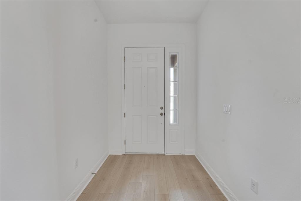 A bright entryway features white walls, a white front door with a sidelight, and wood-look flooring — 14353 CREST PALM AVENUE, WINDERMERE, FL