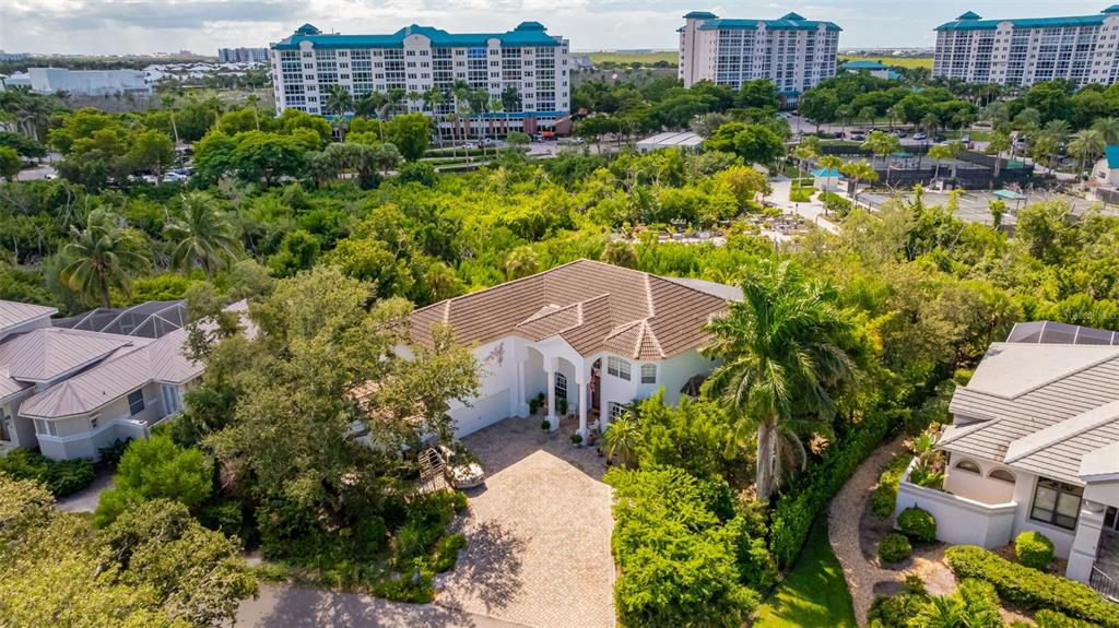 An aerial view shows a single-family home with a paved driveway surrounded by lush trees — 13881 BLENHEIM TRAIL ROAD, FORT MYERS, FL