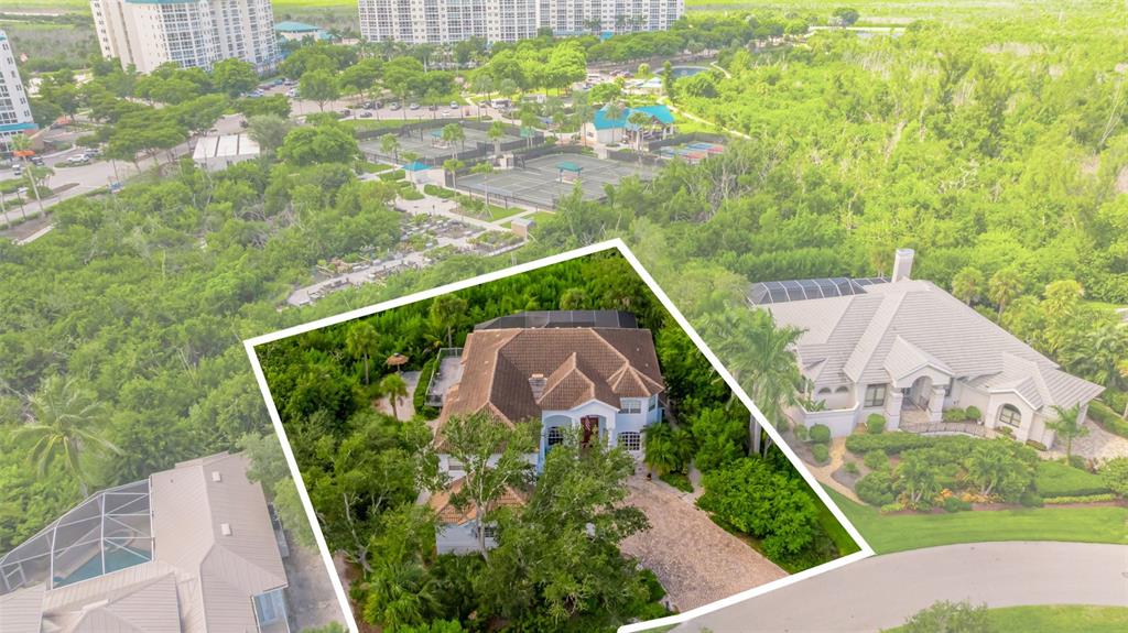 An aerial view shows a two-story house with a brown roof surrounded by lush trees — 13881 BLENHEIM TRAIL ROAD, FORT MYERS, FL
