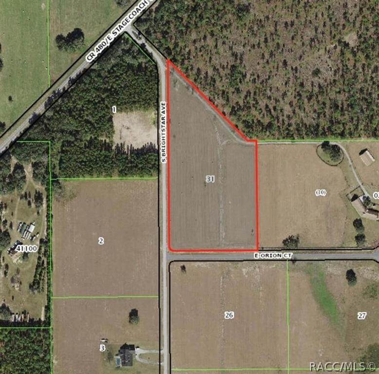 This is an aerial map showing a vacant parcel of land outlined in red — 5610 EAST ORION CT, FLORAL CITY, FL