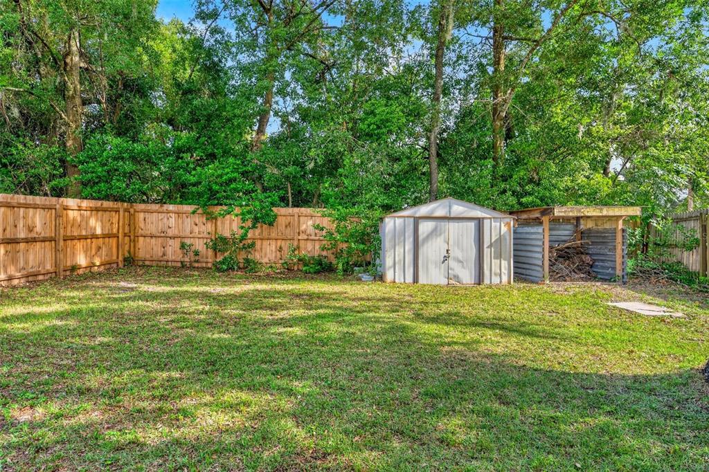 A backyard features a wooden fence, a metal storage shed, and a covered wood storage area — 1125 N TREMAIN STREET, MOUNT DORA, FL