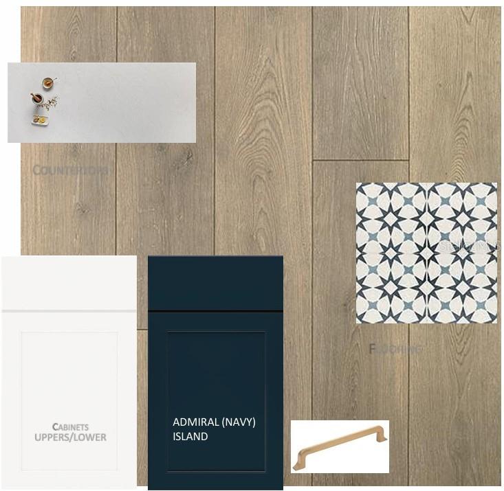 This is a design mood board featuring kitchen cabinet, countertop, flooring, and hardware samples — 7199 TIDELAND LANE, SARASOTA, FL