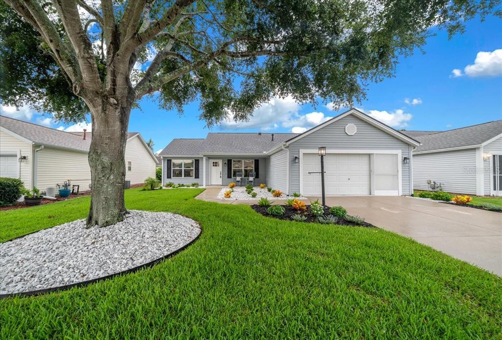 A gray single-story house with a white garage door, a large tree, and landscaped lawn — 3048 GLENWOOD PLACE, THE VILLAGES, FL