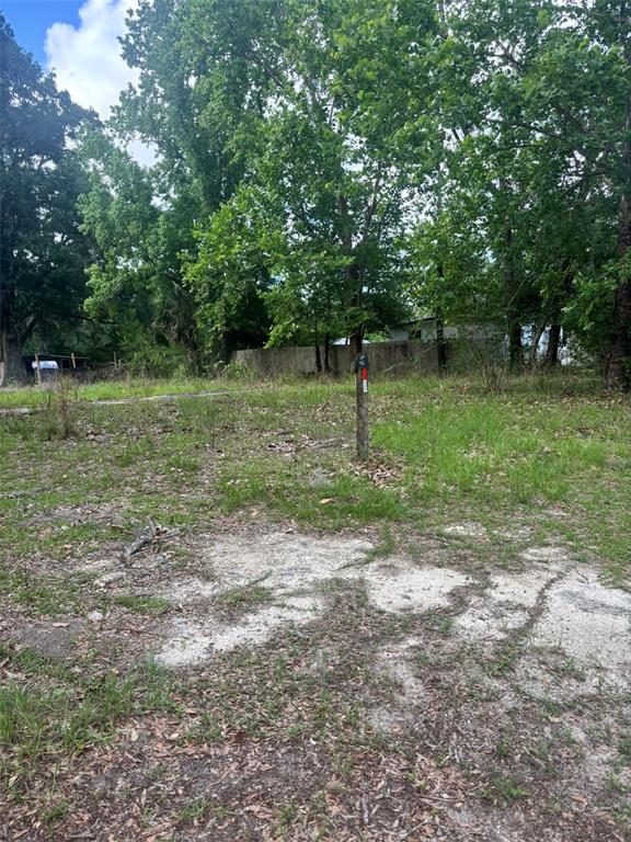 A vacant, grassy lot features a wooden survey marker post and mature trees in the background — 488 MARGARET STREET, BRONSON, FL