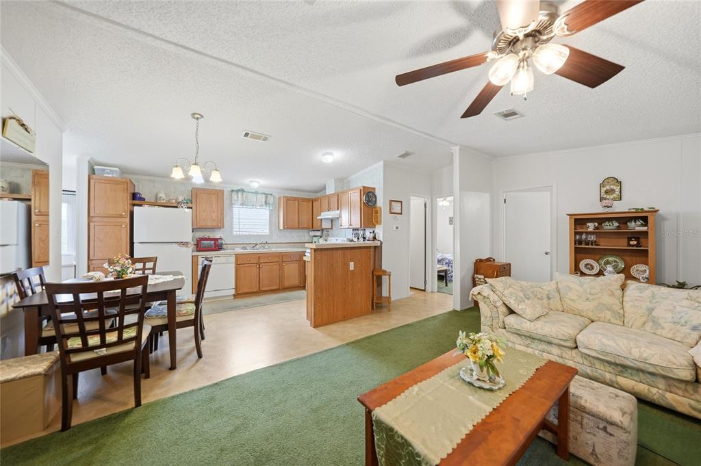 An open-concept living and dining area features green carpeting, wood cabinets, and a ceiling fan — 10303 BURNT STORE ROAD UNIT 35, PUNTA GORDA, FL