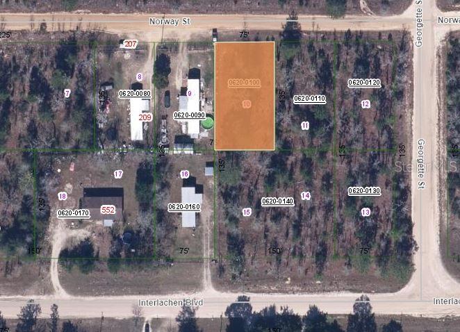 This is a map showing a highlighted rectangular plot of land between Norway Street and Interlachen Boulevard — 205 NORWAY STREET, INTERLACHEN, FL