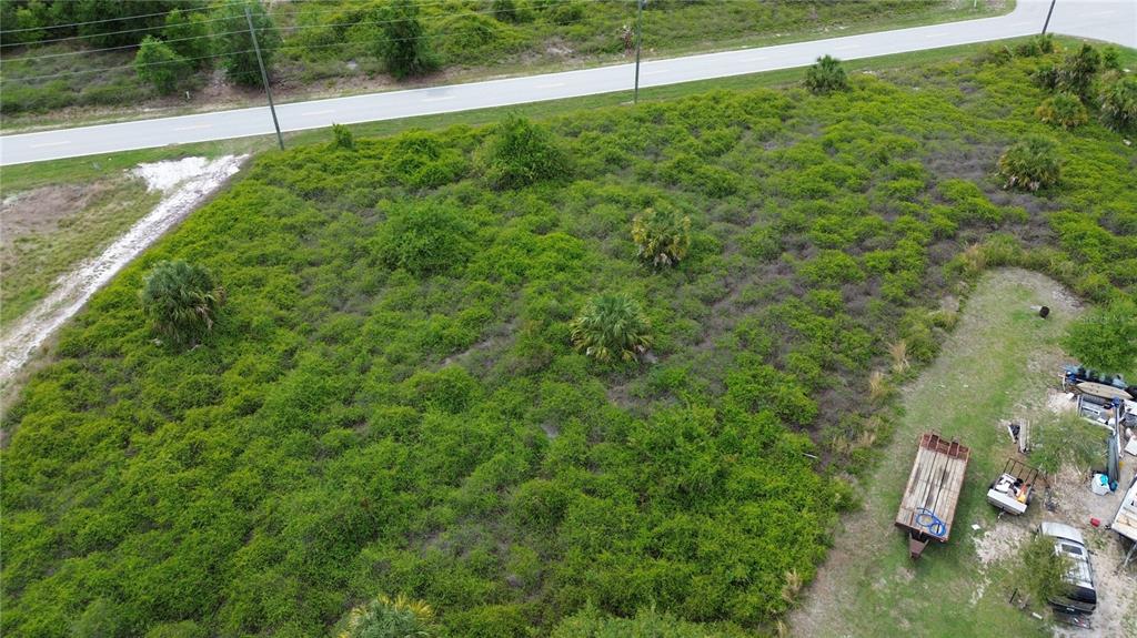 An aerial view shows a vacant, brush-covered lot adjacent to a paved road — 2065 CHAPLIN DRIVE, PUNTA GORDA, FL