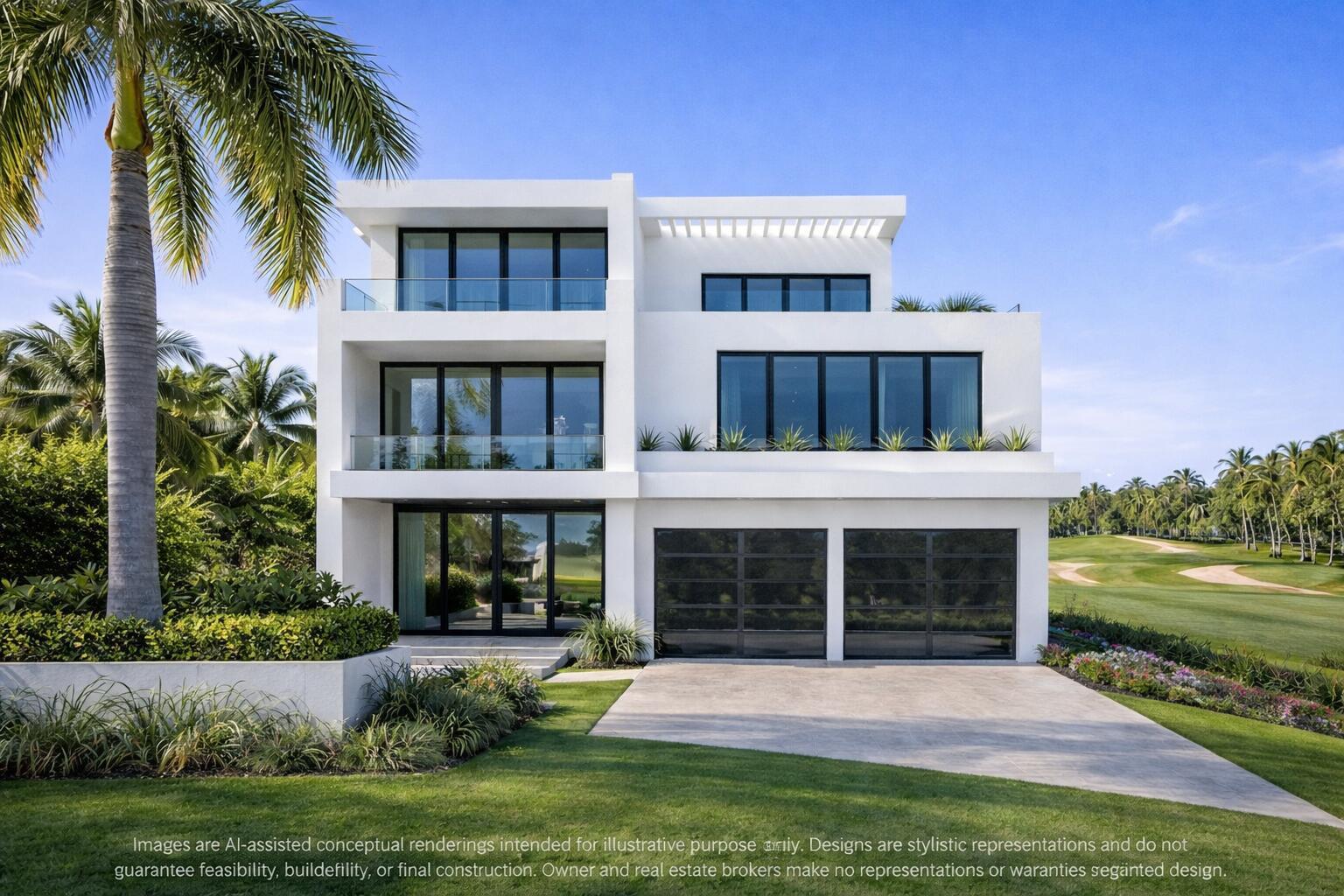 This AI-assisted rendering shows a modern three-story white house with a two-car garage — 900 Marble Way, Boca Raton FL 33432, BOCA RATON, FL