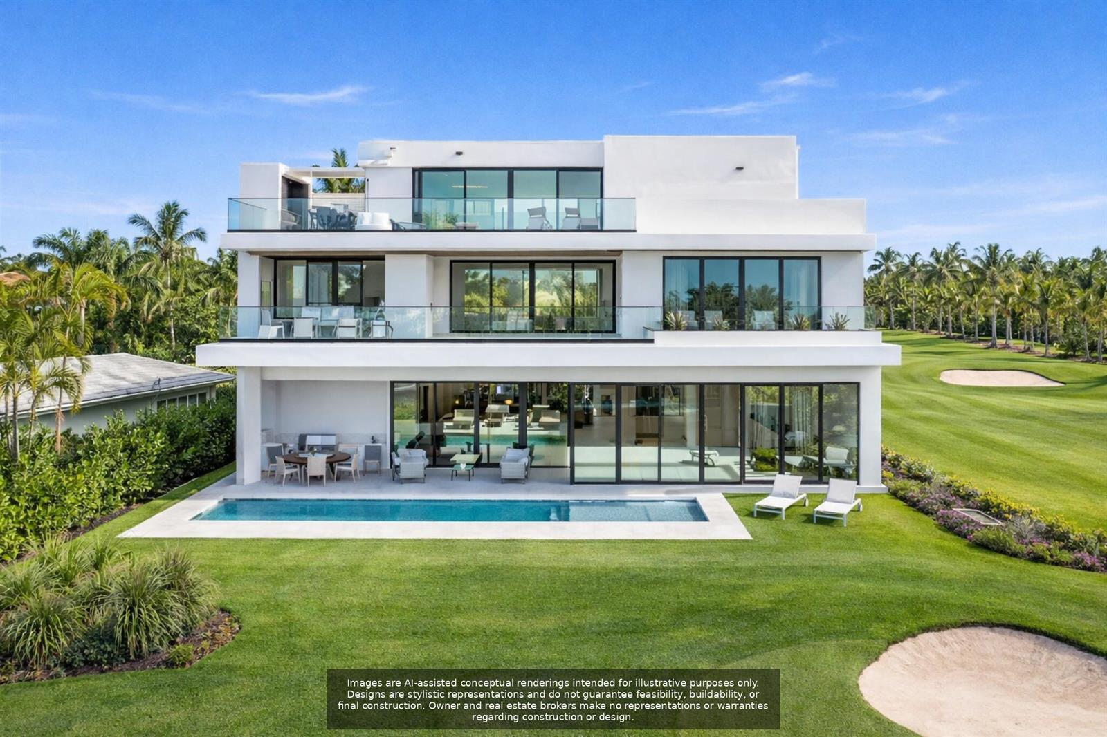 This AI-assisted rendering shows a three-story modern white house with a pool and golf course — 900 Marble Way, Boca Raton FL 33432, BOCA RATON, FL