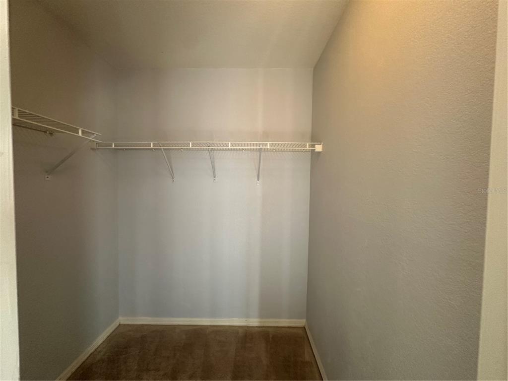 A small walk-in closet features beige carpet, light gray walls, and white wire shelving — 7270 WESTPOINTE BOULEVARD UNIT 916, ORLANDO, FL