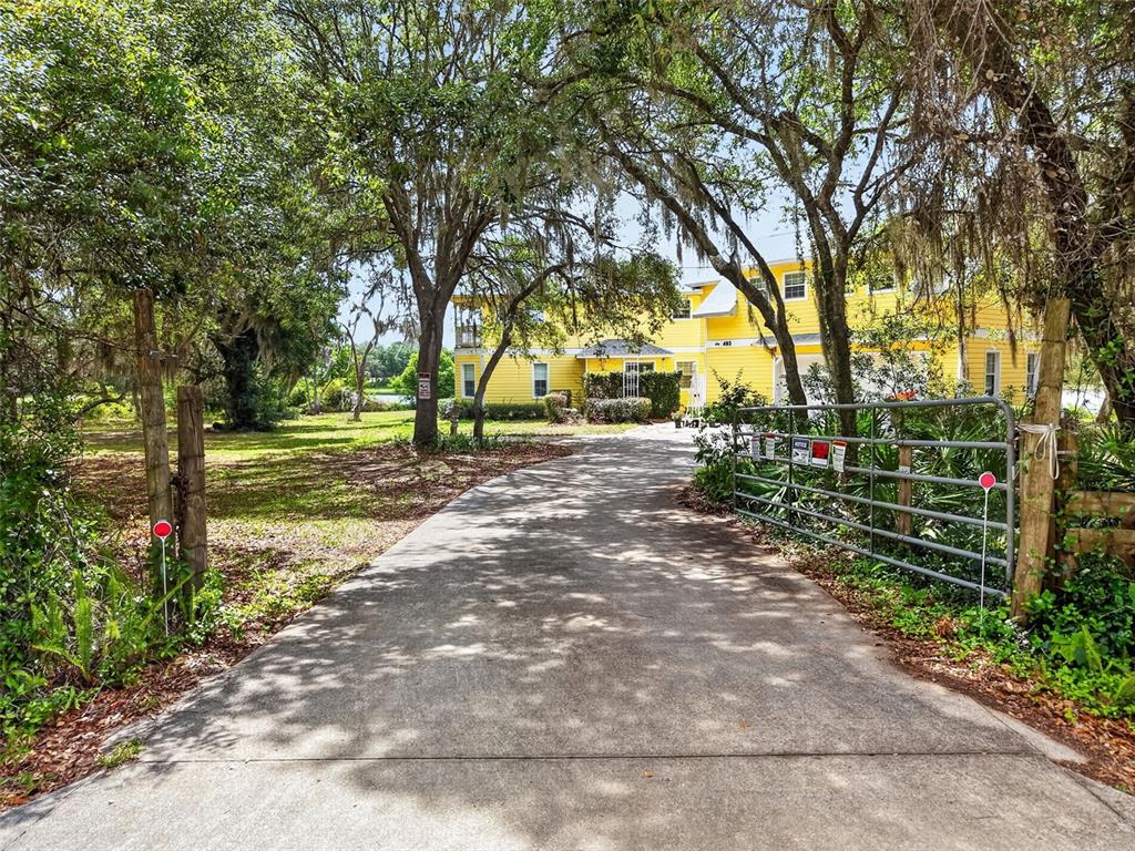 A concrete driveway leads to a two-story yellow house framed by large, moss-draped trees — 493 MALAUKA LOOP, OCKLAWAHA, FL