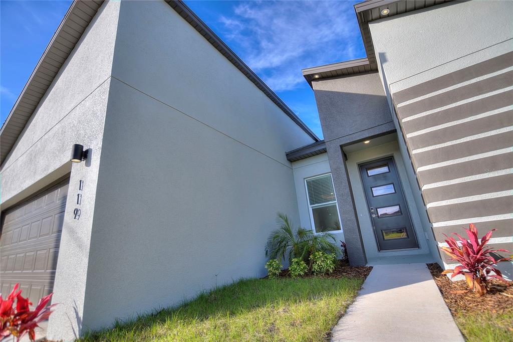 A modern house exterior features a gray stucco facade, a dark front door, and landscaping — 119 TULIP LANE, KISSIMMEE, FL