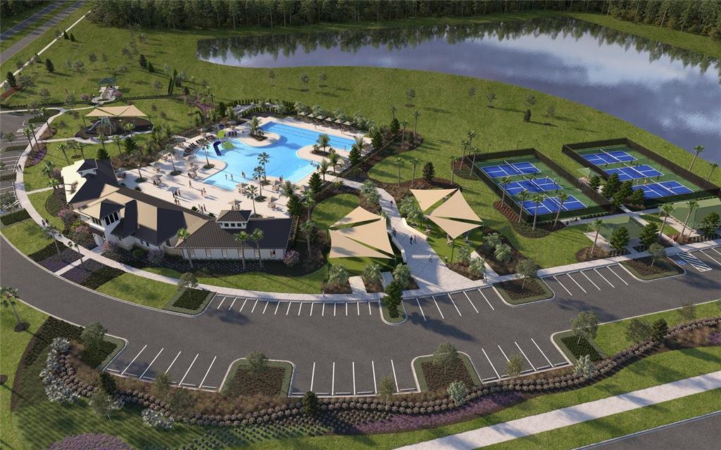 This is a rendering of a community amenity center featuring a pool, courts, and parking — 9553 NATURAL OAK POINT, DADE CITY, FL