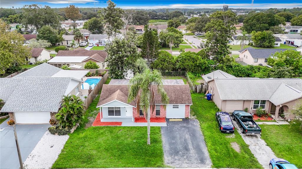 An aerial view shows a single-story house with a palm tree in the front yard — 7400 MITCHELL RANCH ROAD, NEW PORT RICHEY, FL