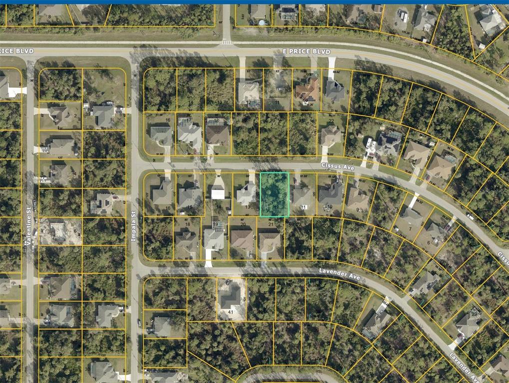 This is an aerial map view of a residential lot highlighted in a suburban neighborhood — CISSUS AVENUE, NORTH PORT, FL