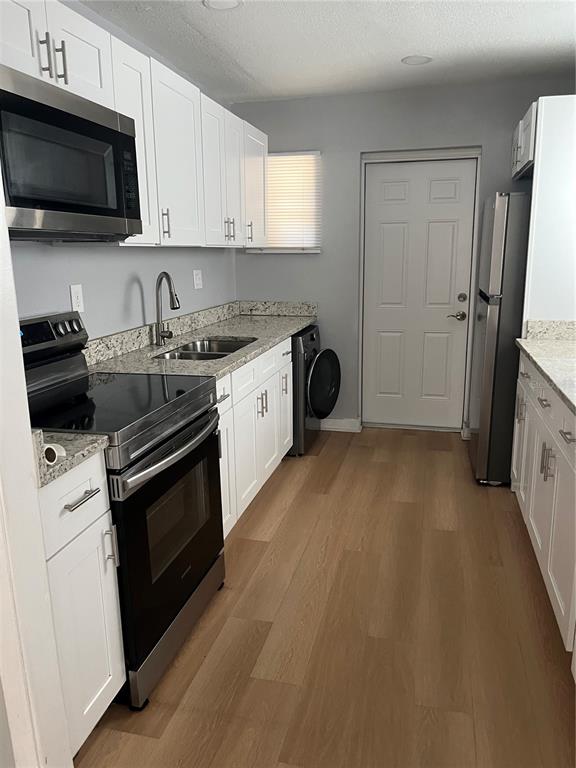 A galley kitchen features white cabinets, stainless steel appliances, granite countertops, and light wood flooring — 1424 N TREMAIN STREET, MOUNT DORA, FL