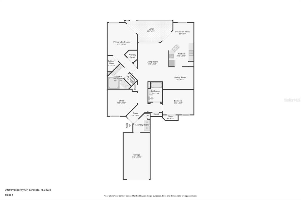 This is a floor plan for a single-story residential home with a garage and lanai — 7050 PROSPERITY CIRCLE UNIT 904, SARASOTA, FL