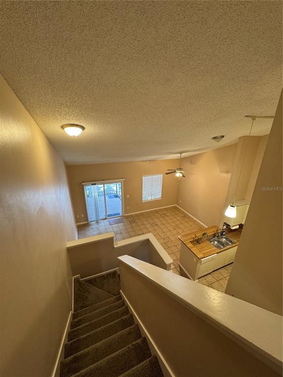 A high-angle view shows a carpeted staircase leading down to an open-concept living area — 967 STUCKI TERRACE, WINTER GARDEN, FL