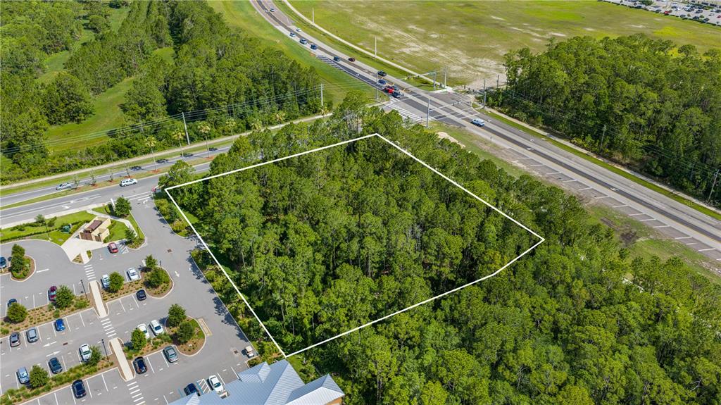 An aerial view shows a wooded, rectangular plot of land bordered by roads and parking — 1500 TOWN WEST BOULEVARD, PORT ORANGE, FL