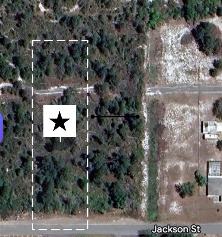 An aerial view shows a rectangular plot of land marked with a star near Jackson St — 0 S JACKSON STREET, LAKE WALES, FL