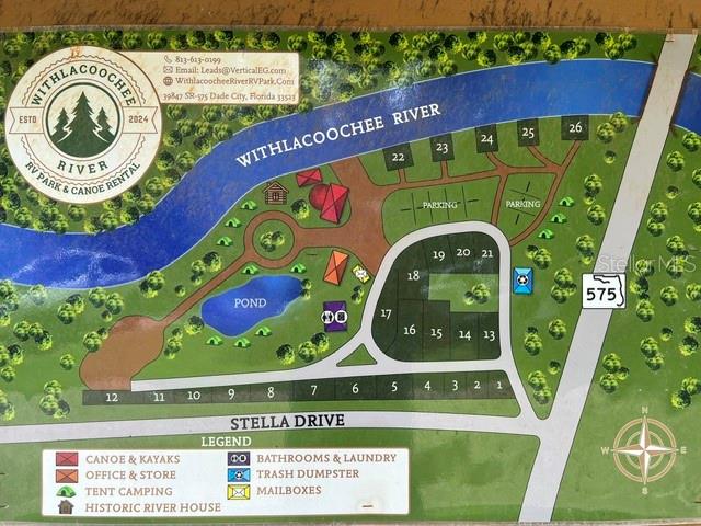This is a map of the Withlacoochee River RV Park showing campsites, amenities, and roads — 39849 STATE ROAD 575, DADE CITY, FL