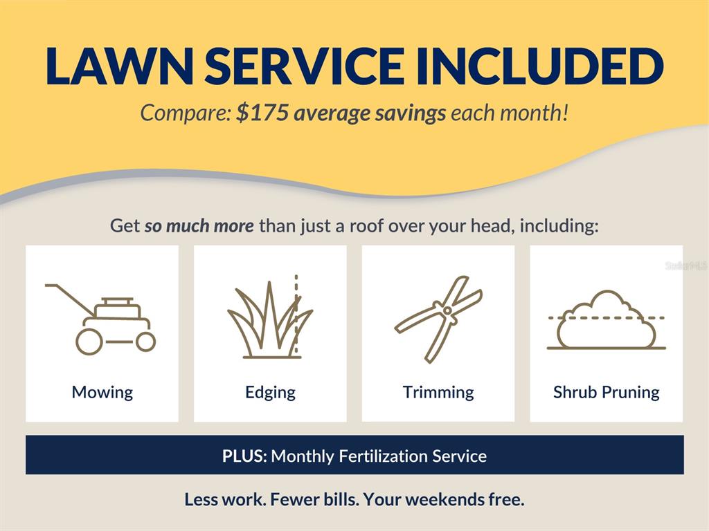 This graphic lists lawn care services including mowing, edging, trimming, pruning, and monthly fertilization — 13930 NATURES RESERVE DRIVE, LITHIA, FL
