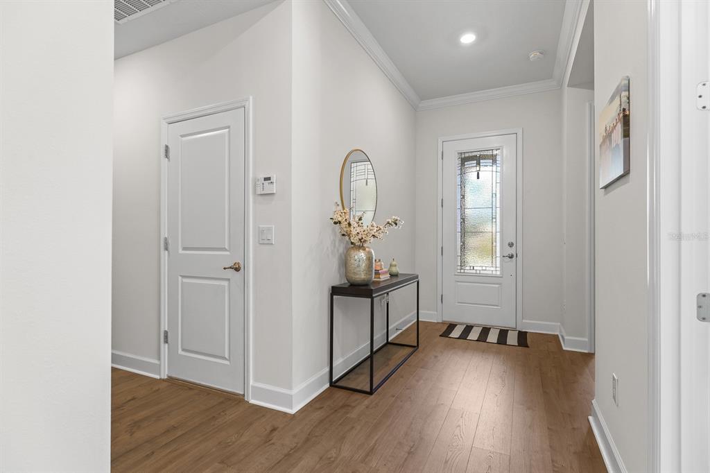 A bright entryway features wood-look flooring, a white door with glass, and a console table — 13930 NATURES RESERVE DRIVE, LITHIA, FL