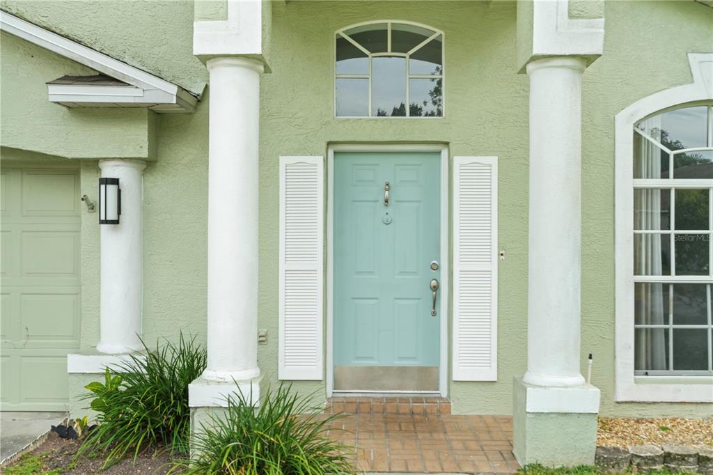A light green house exterior features a front door with white shutters and columns — 25237 SEVEN RIVERS CIRCLE, LAND O LAKES, FL