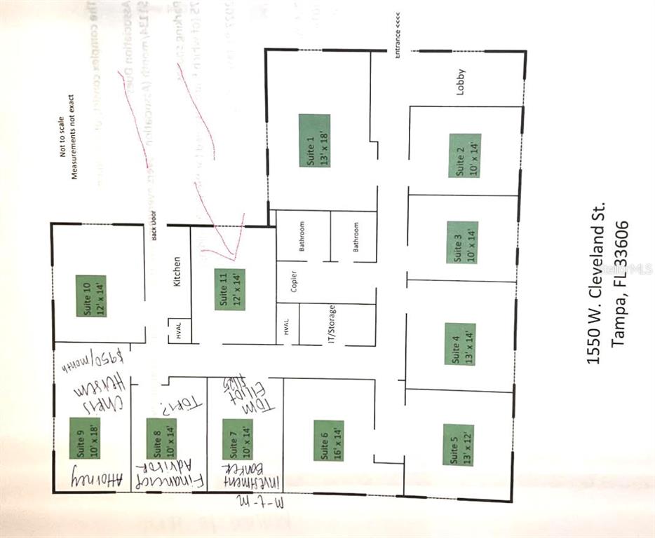 This is a floor plan showing the layout of an office building with multiple suites — 1550 W CLEVELAND STREET UNIT 11, TAMPA, FL
