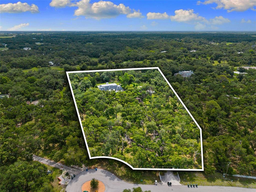 An aerial view shows a large, wooded residential lot outlined in white with a house — 7351 IGUANA DRIVE, SARASOTA, FL