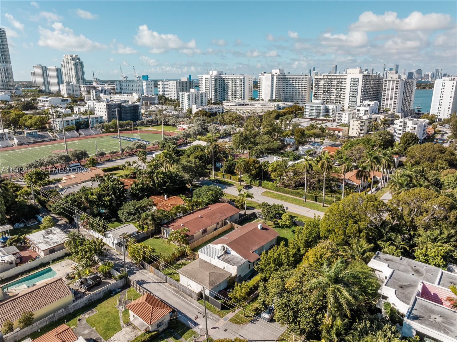 An aerial view of a residential neighborhood with houses, palm trees, and a distant skyline — 1255 Lenox Ave, Miami Beach FL 33139, MIAMI BEACH, FL